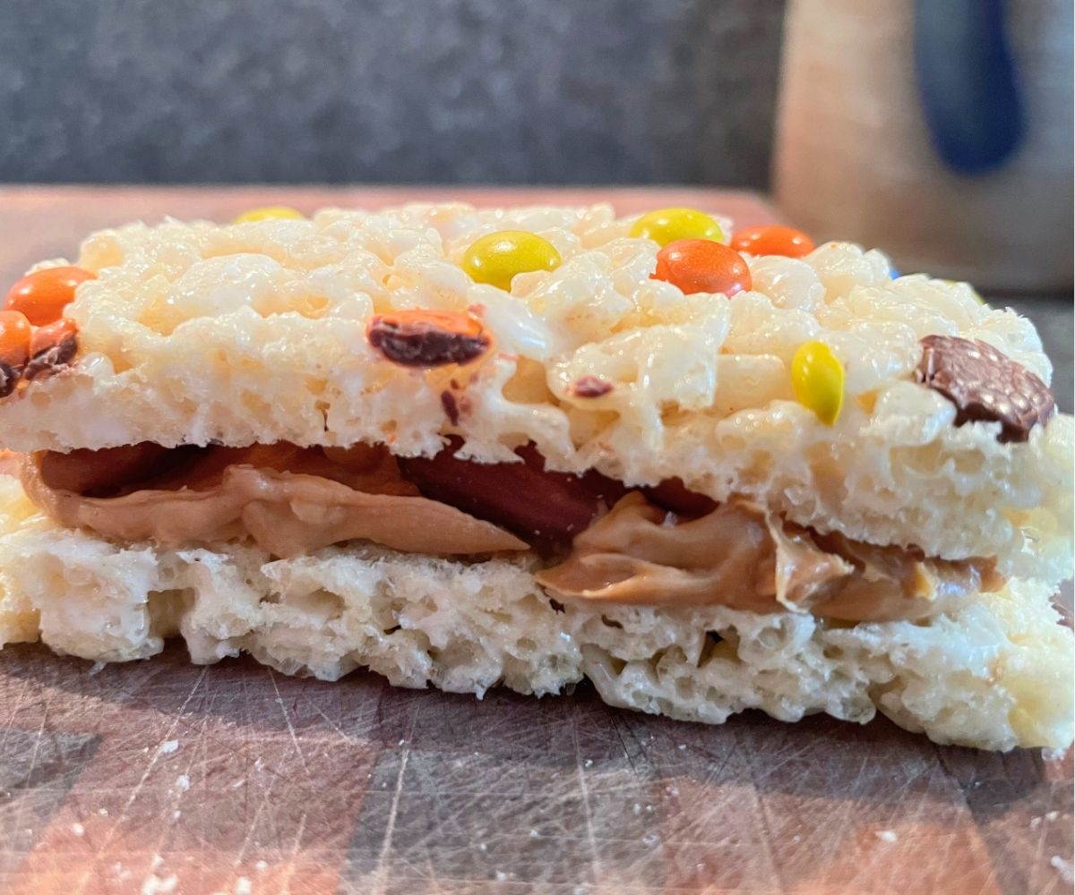 Rice Krispies Treats with M&Ms stuffed with peanut butter and nuts
