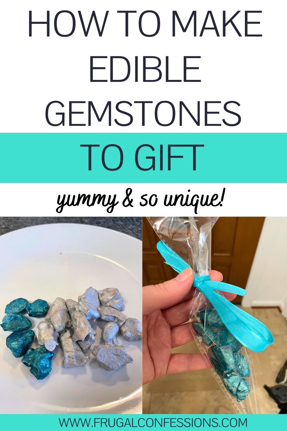 glittery clusters on plate, text overlay "how to make edible gemstones, yummy & so unique"