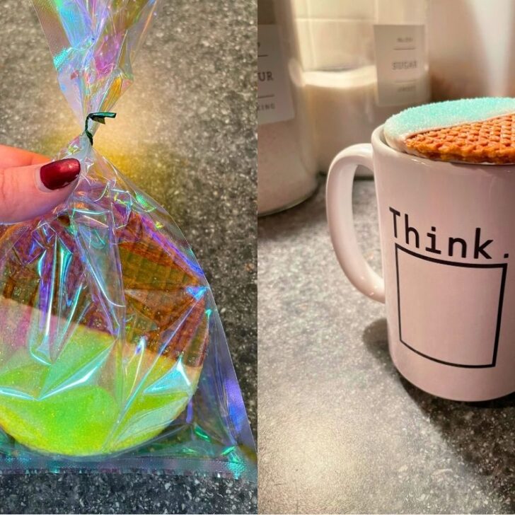 snow-dipped stroopwafel cookie in packaging, and over a mug