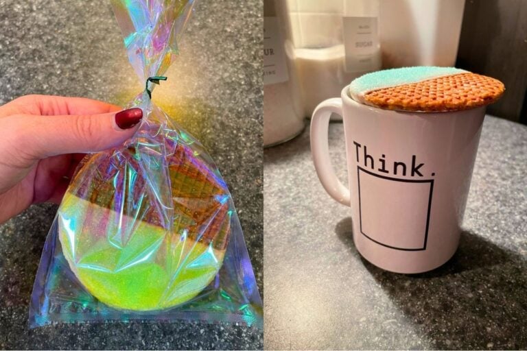 snow-dipped stroopwafel cookie in packaging, and over a mug