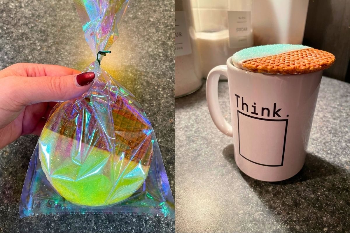 snow-dipped stroopwafel cookie in packaging, and over a mug