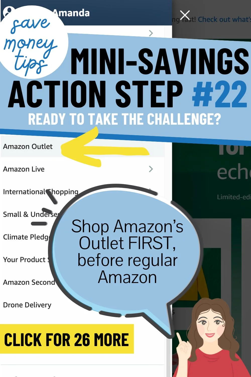 yellow arrow pointing to Amazon Outlet on website, text overlay "shop Amazon's Outlet FIRST, before regular Amazon"