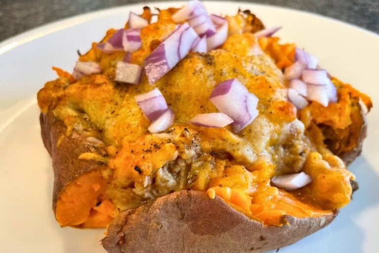 sweet potato stuffed with canned chicken, cheese, bbq sauce, and red onions