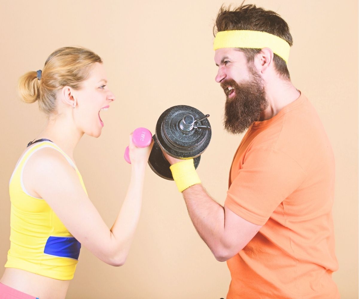 couple in bright workout gear with headband looking funny