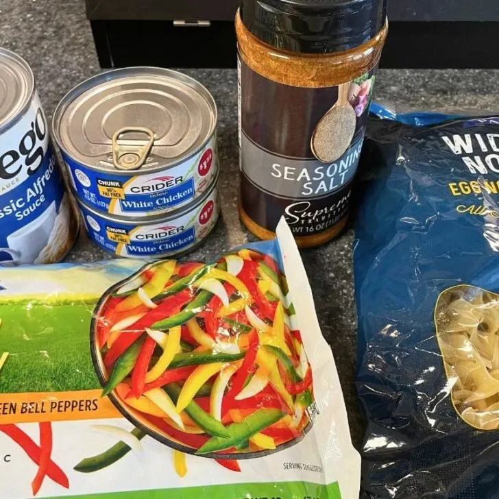 Dollar Tree casserole ingredients on kitchen counter