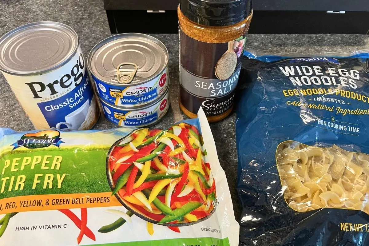 Dollar Tree casserole ingredients on kitchen counter