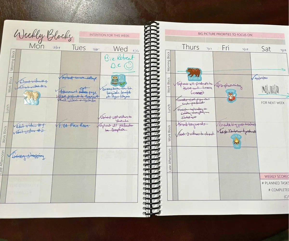 planner opened up for a full week, showing various tasks crossed out and cute inspirational animal stickers on specific tasks