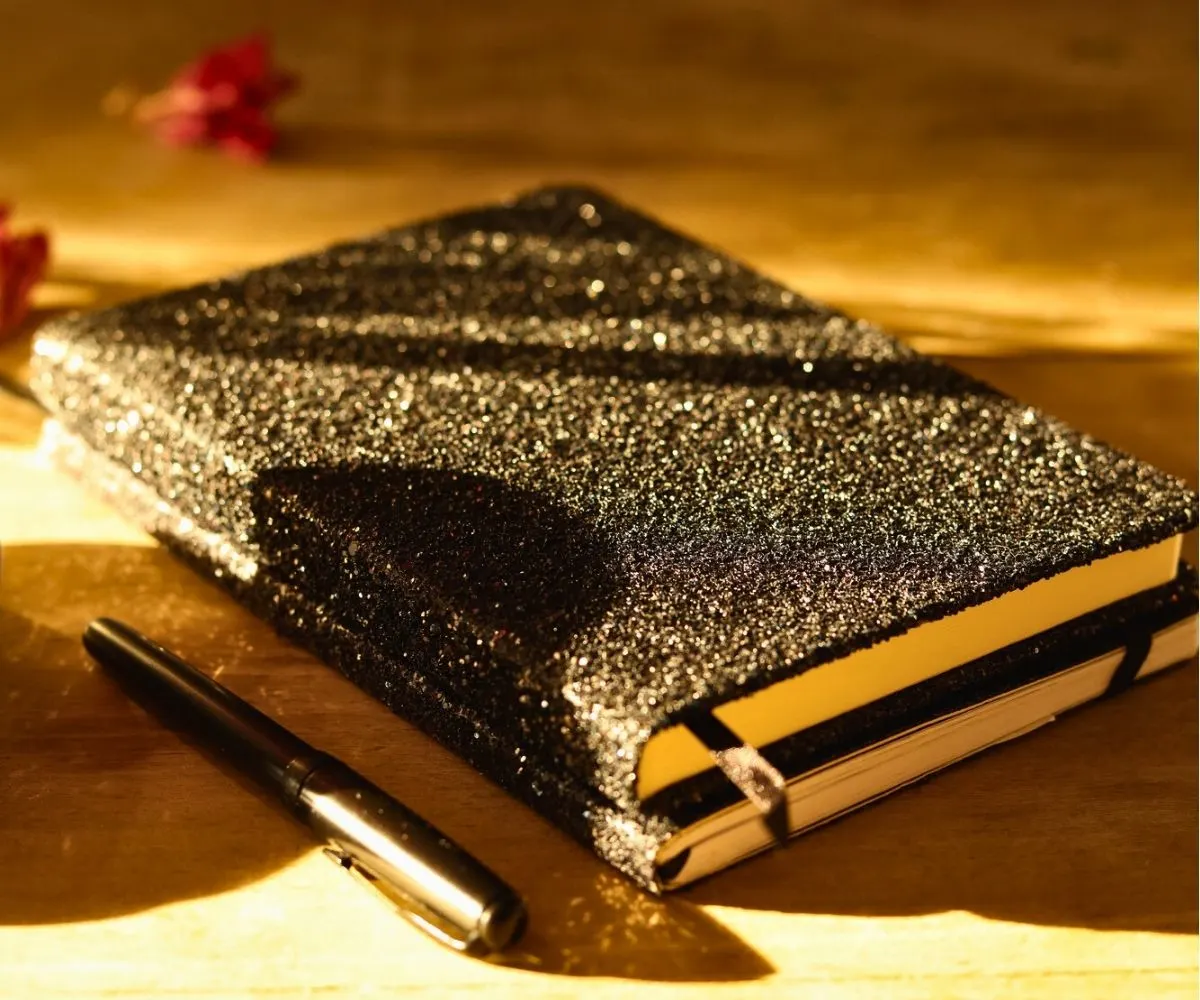 black sparkly journal draped in sunset lighting