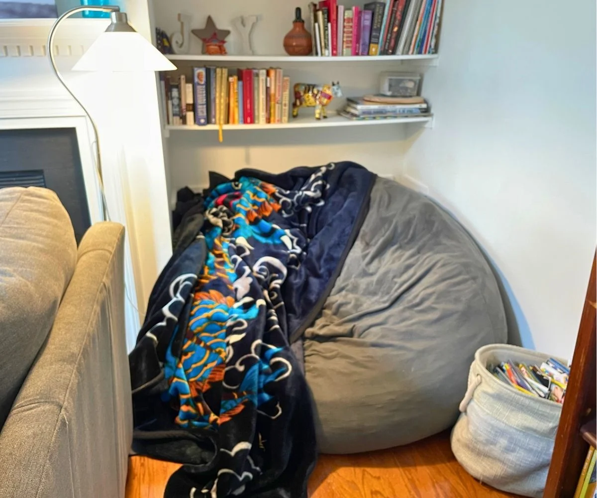 huge gray bean bag chair in a corn with magazines in holder next to it, lamp on, and bookshelves above it