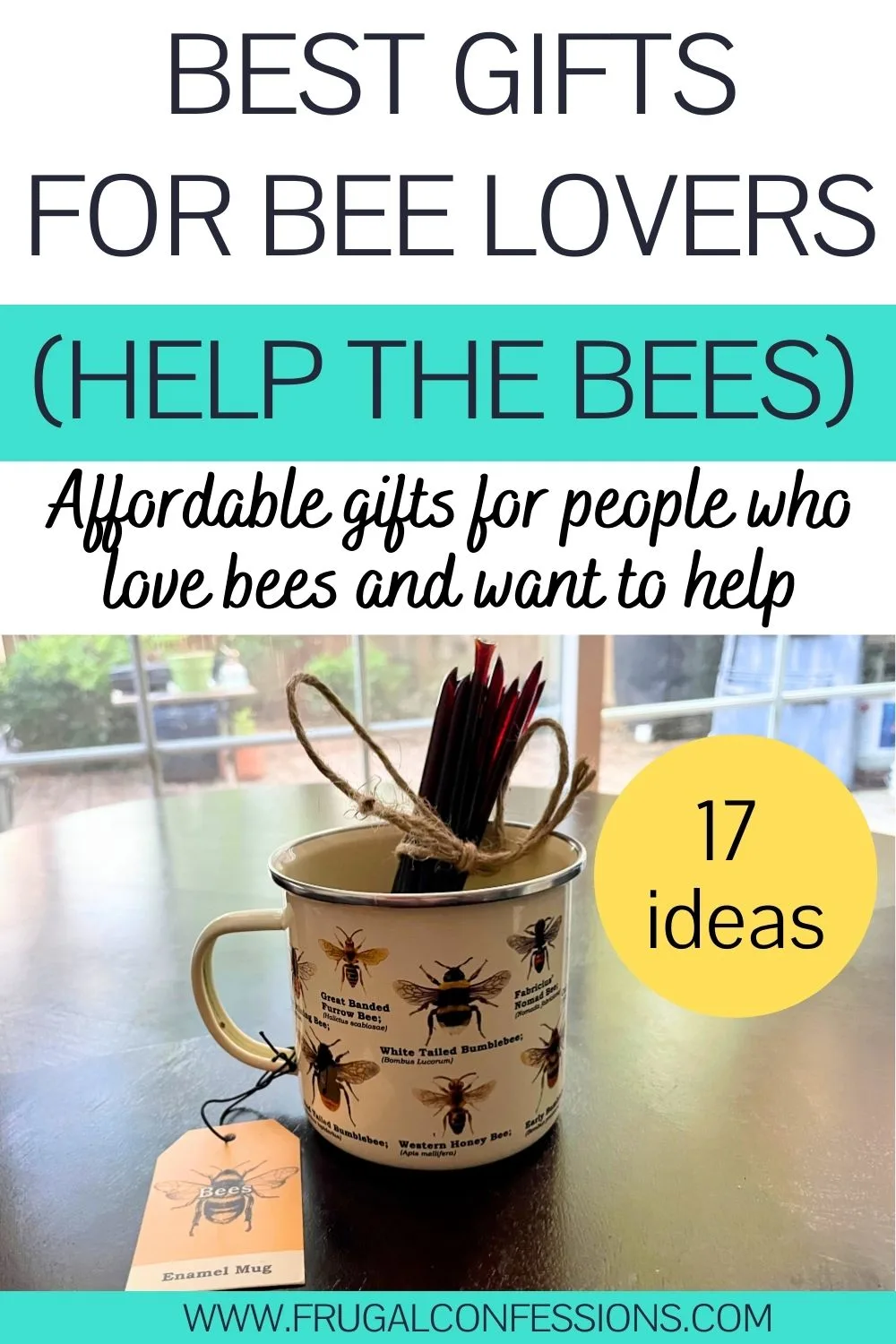 bee identification mug filled with honey elderberry sticks, text overlay "best gifts for bee lovers to help the bees"