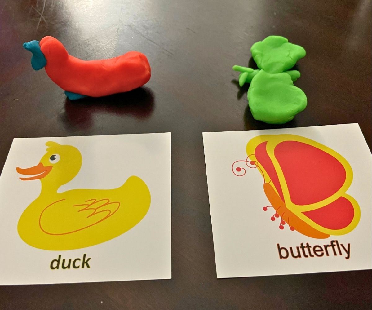 bright cards with duck and butterfly on them, and two play-doh creations to try and recreate