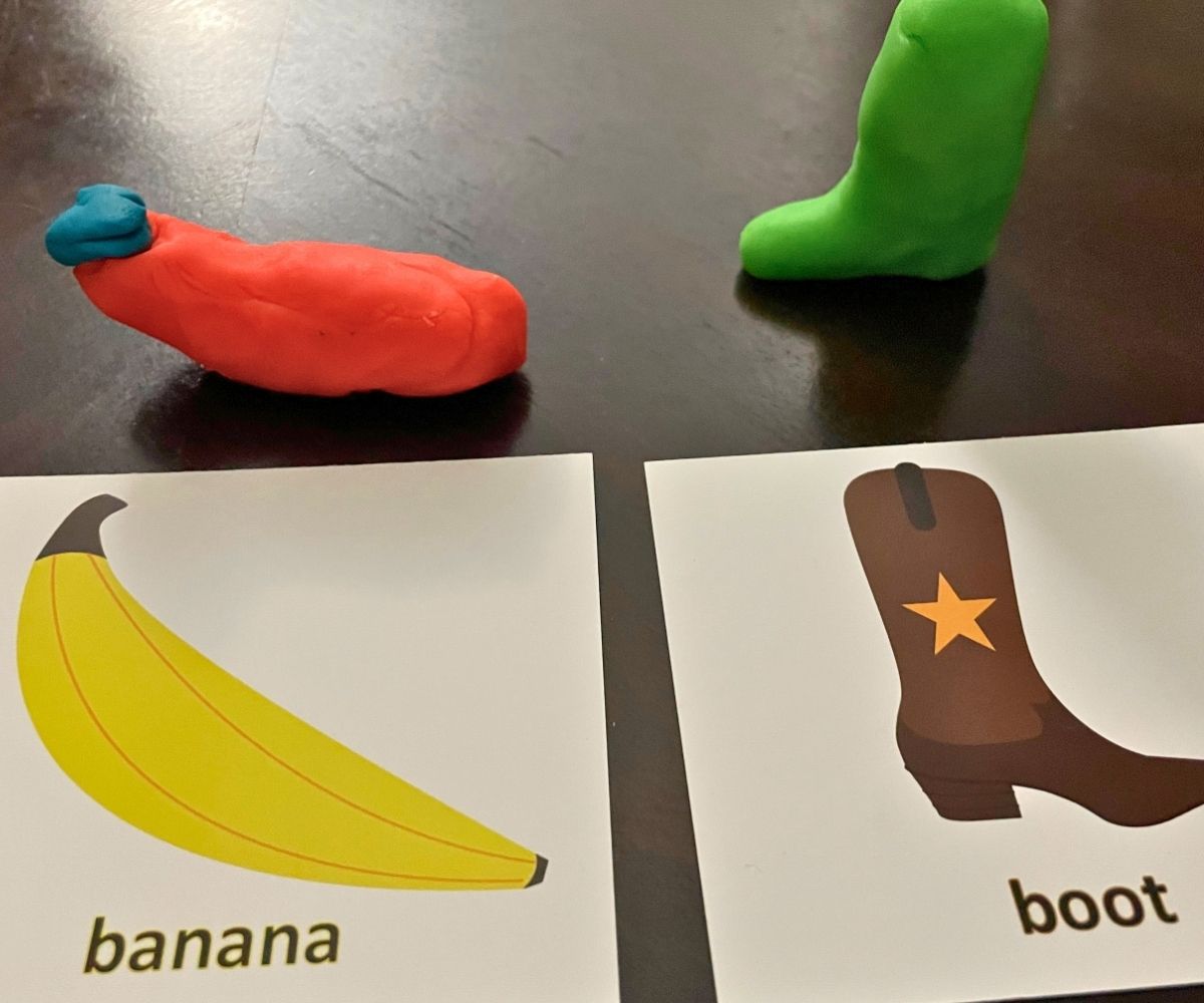 bright cards with banana and boot on them, and two play-doh creations to try and recreate