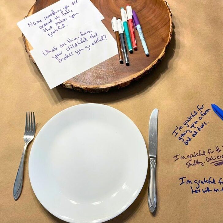plate setting on butcher paper with handwritten gratefulness questions and markers on table