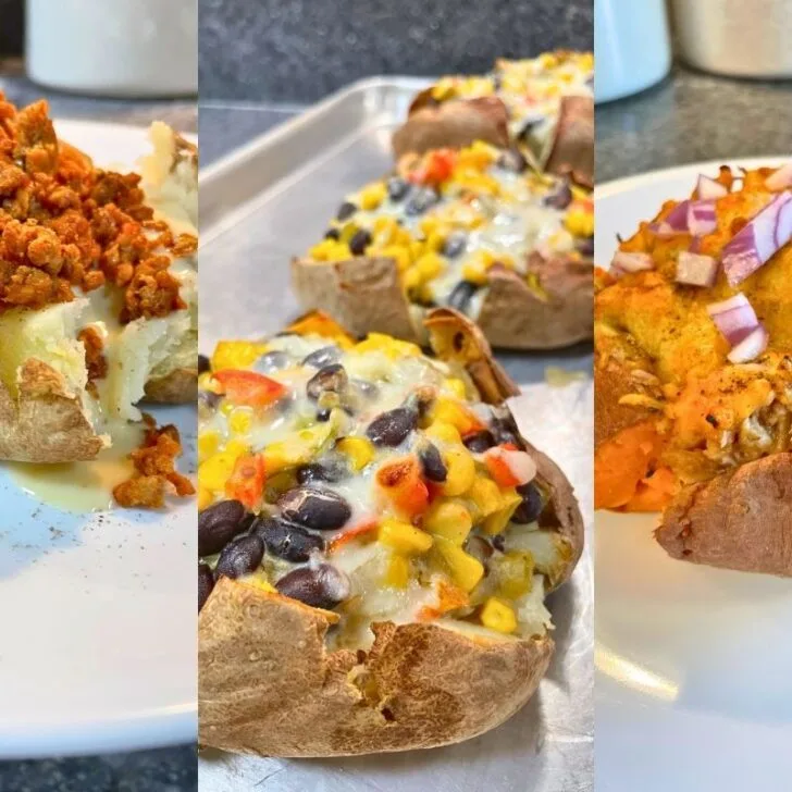 collage of three Stuffed baked potato recipes