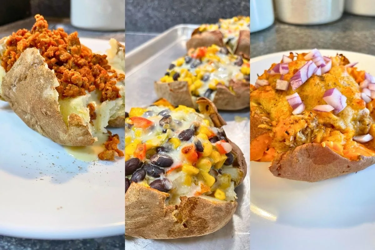 collage of three Stuffed baked potato recipes
