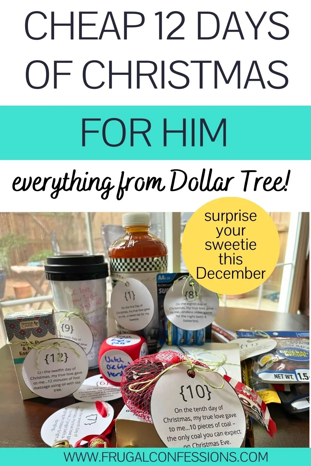 lots of items with ornament shaped tags tied to them on dark table, text overlay "Cheap 21 Days of Christmas for Him"