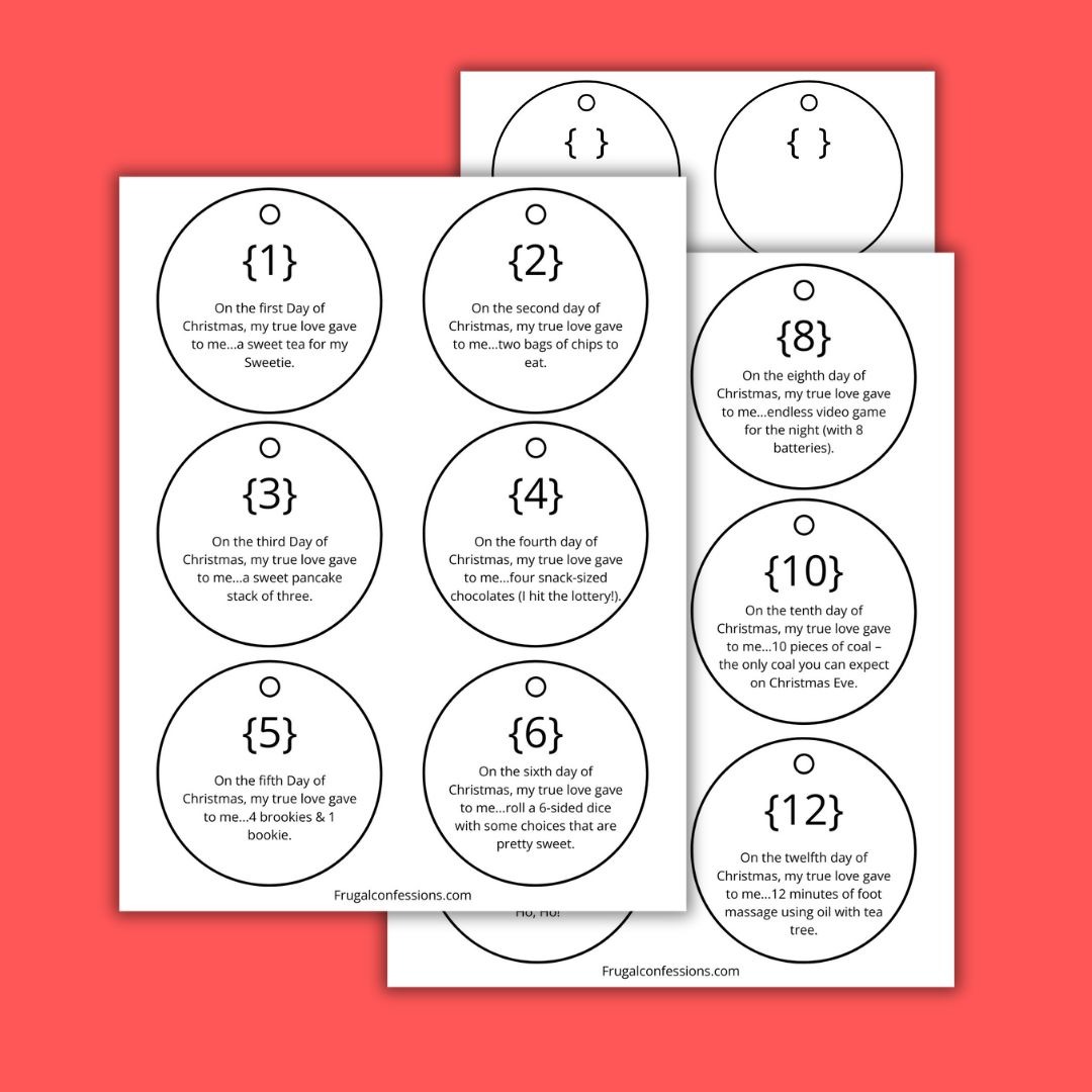 three printable ornaments for 12 days of Christmas gifts for guys on red background