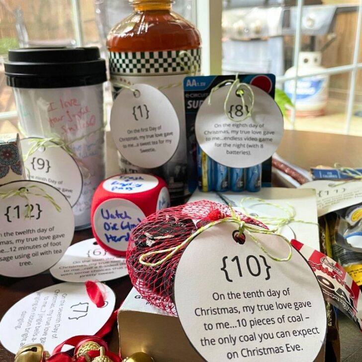 lots of items with ornament shaped tags tied to them for 12 days of Christmas gifts