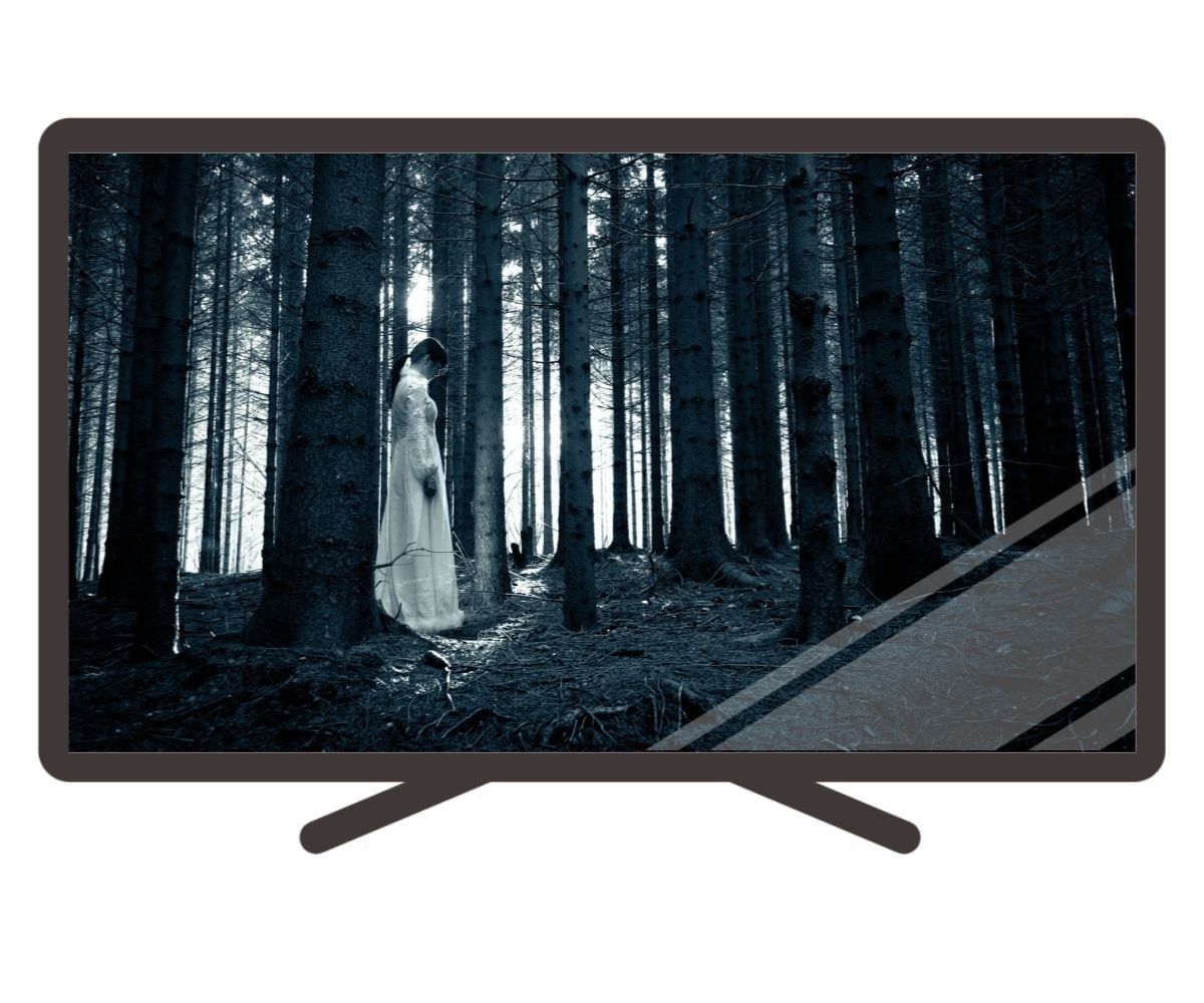 tv graphic with black and white woods and girl in white dress walking through them