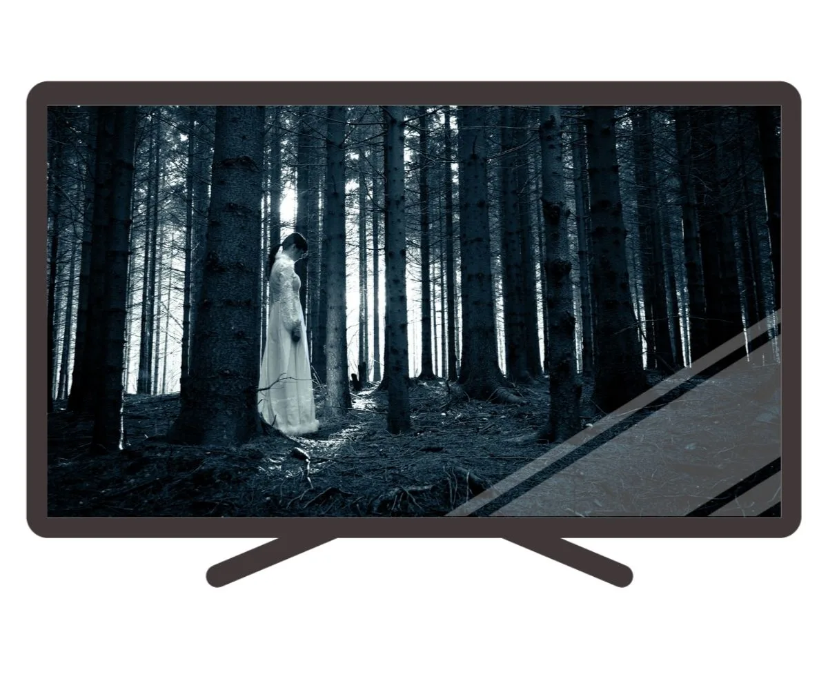 tv graphic with black and white woods and girl in white dress walking through them