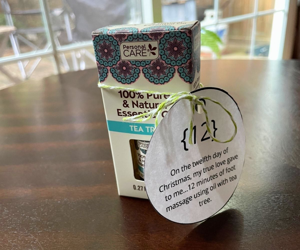 tea tree oil in box wrapped in ornament shaped tag