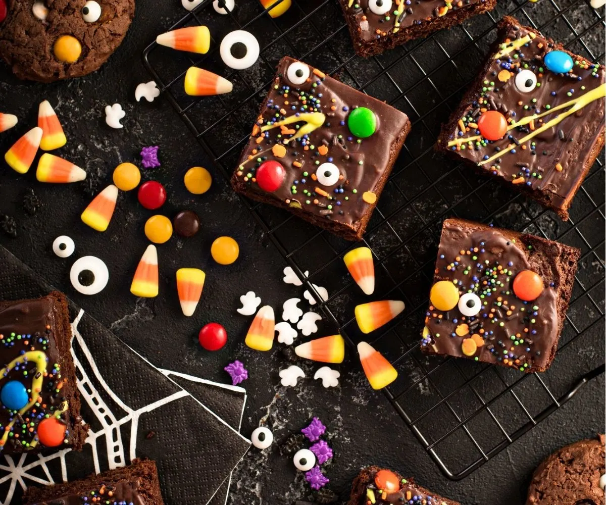 fun, colorful, brownies with leftover Halloween candy on them