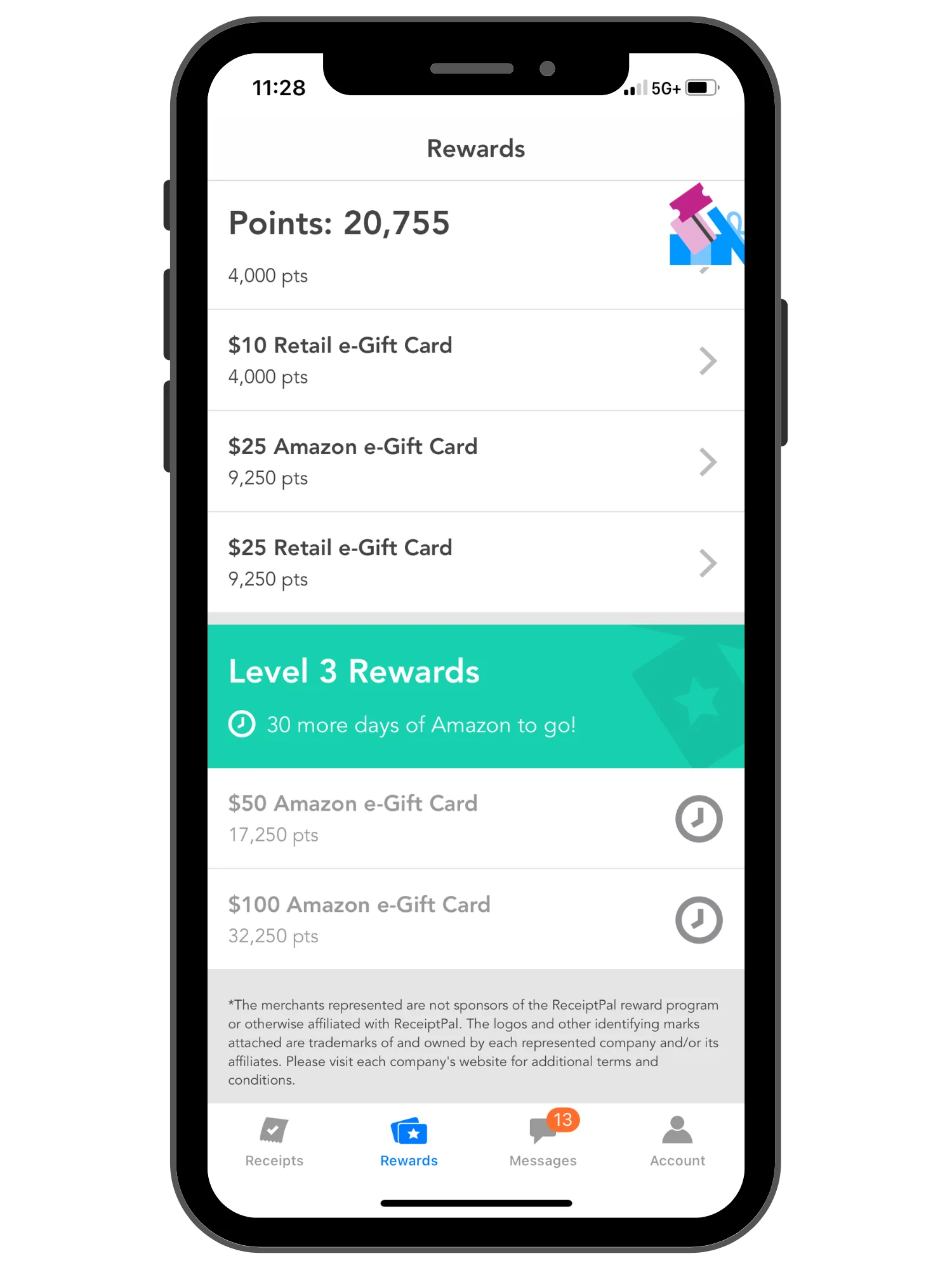 ReceiptPal iPhone screen showing 20,755 points and options for gift cards