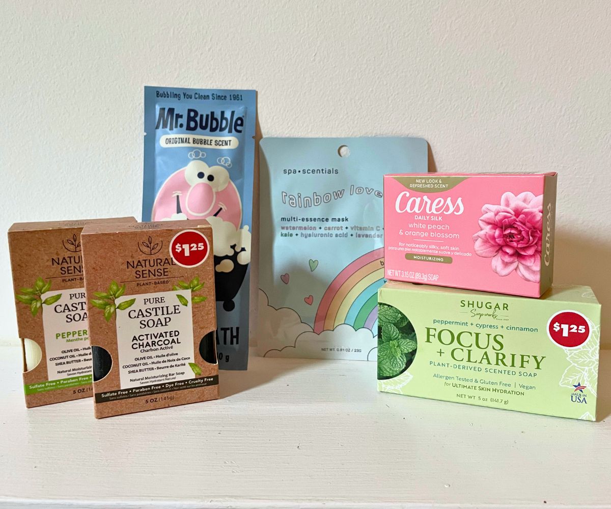 six different products from Dollar Tree on white mantle