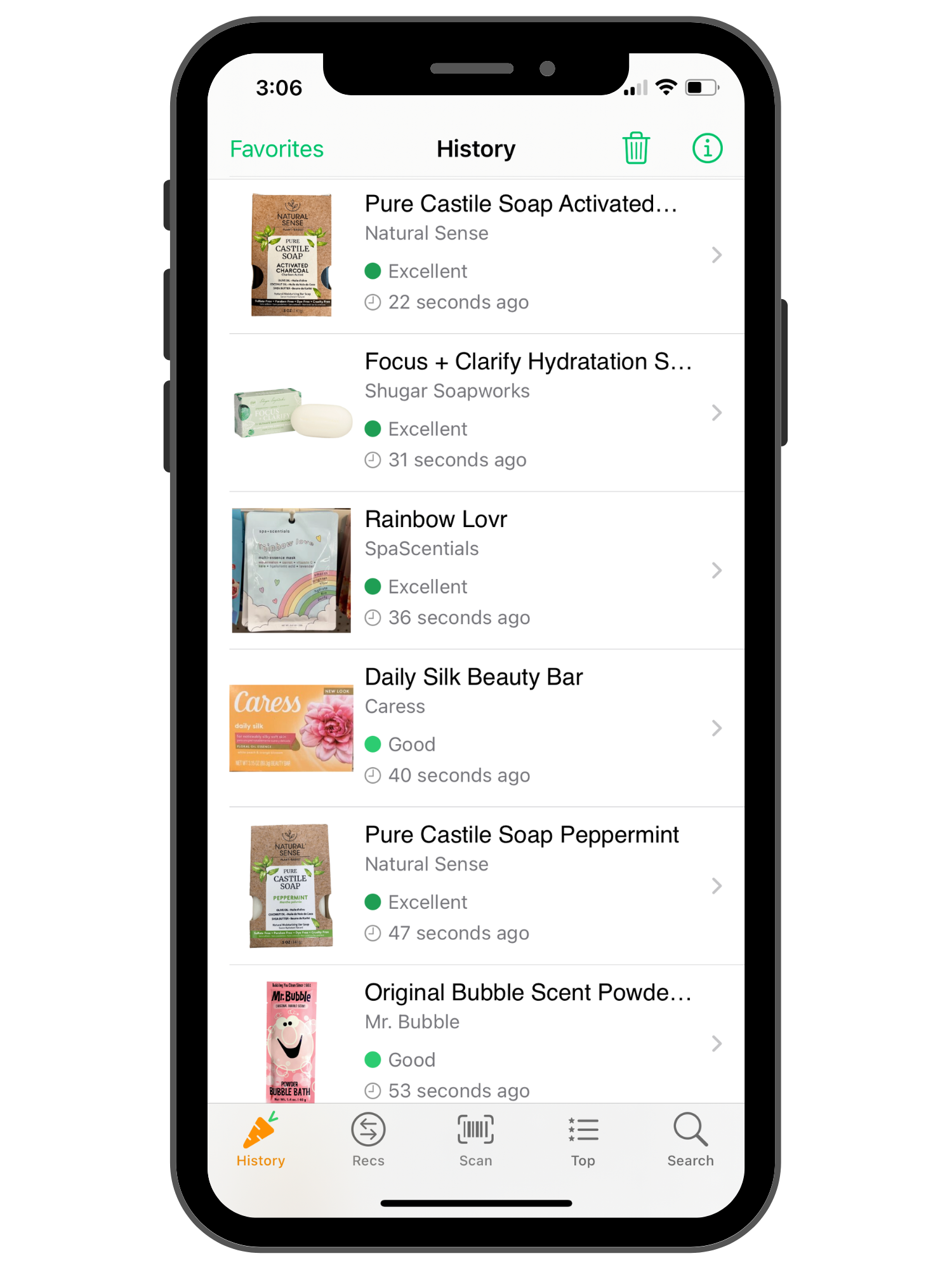 Yuka app screen showing these items getting good to excellent ratings