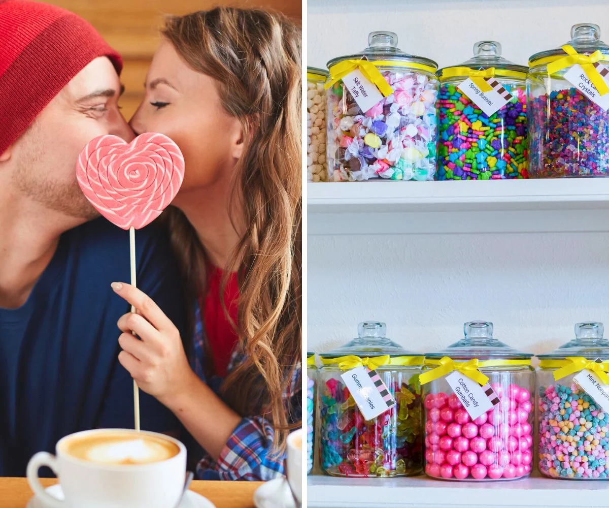 couple kissing behind giant lollipop, and glass jars full of boutique candies