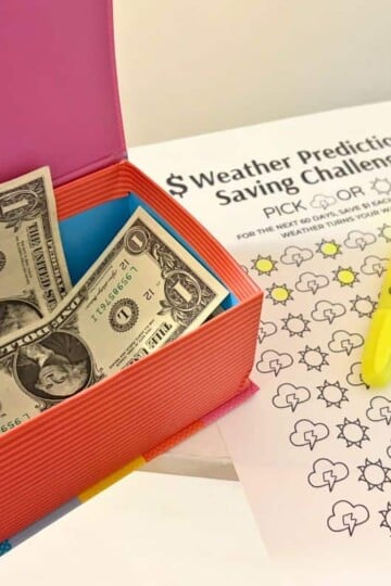 rainbow box with dollar bills in it next to mini savings challenge printable