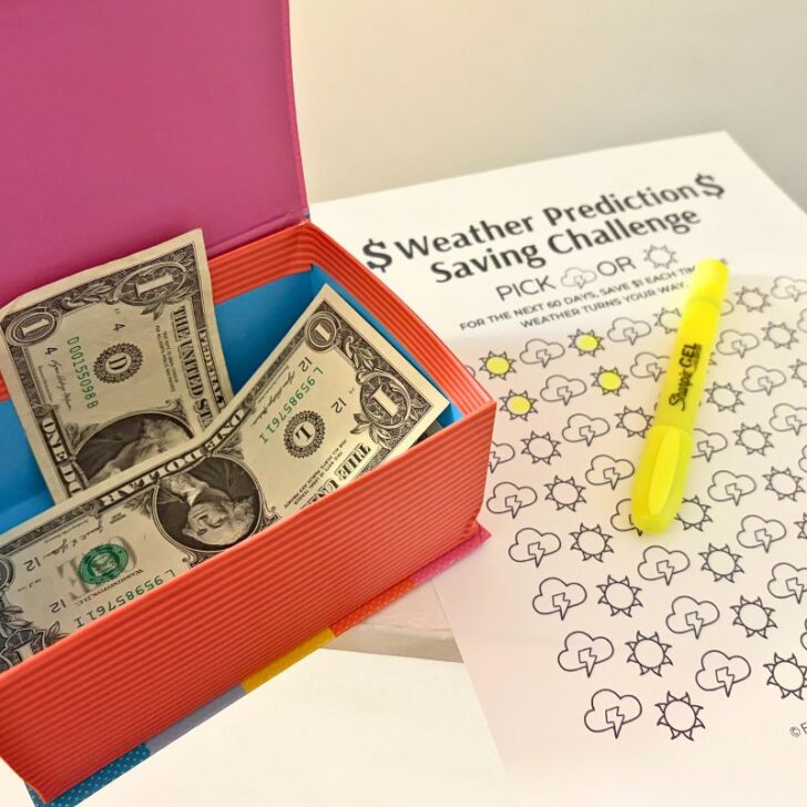 rainbow box with dollar bills in it next to mini savings challenge printable