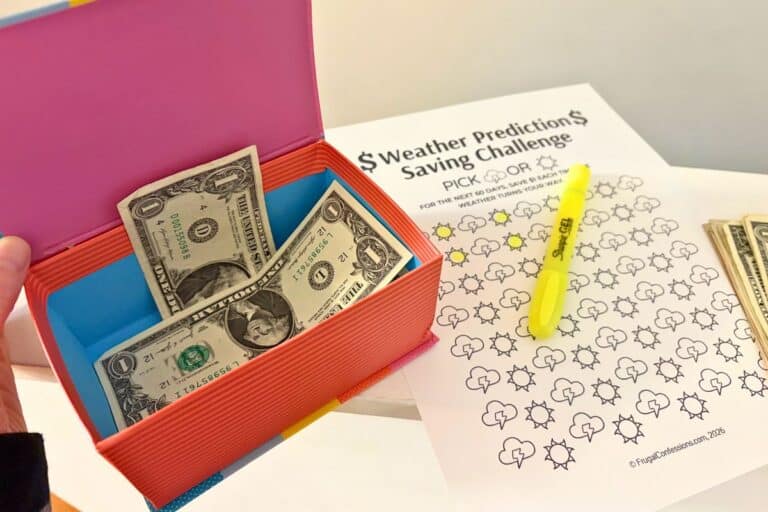 rainbow box with dollar bills in it next to mini savings challenge printable