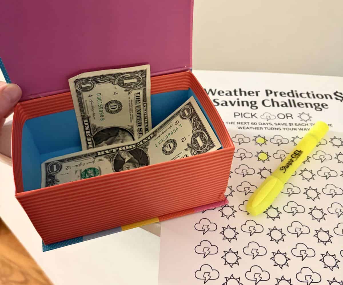 rainbow colored box with a few $1 bills in it next to Weather Prediction Saving Challenge printable