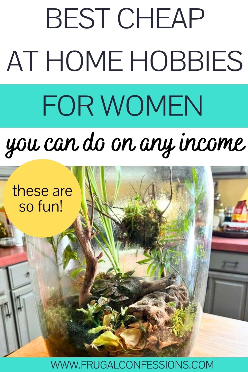 large glass jar terrarium on kitchen counter, text overlay "best cheap at home hobbies for women"
