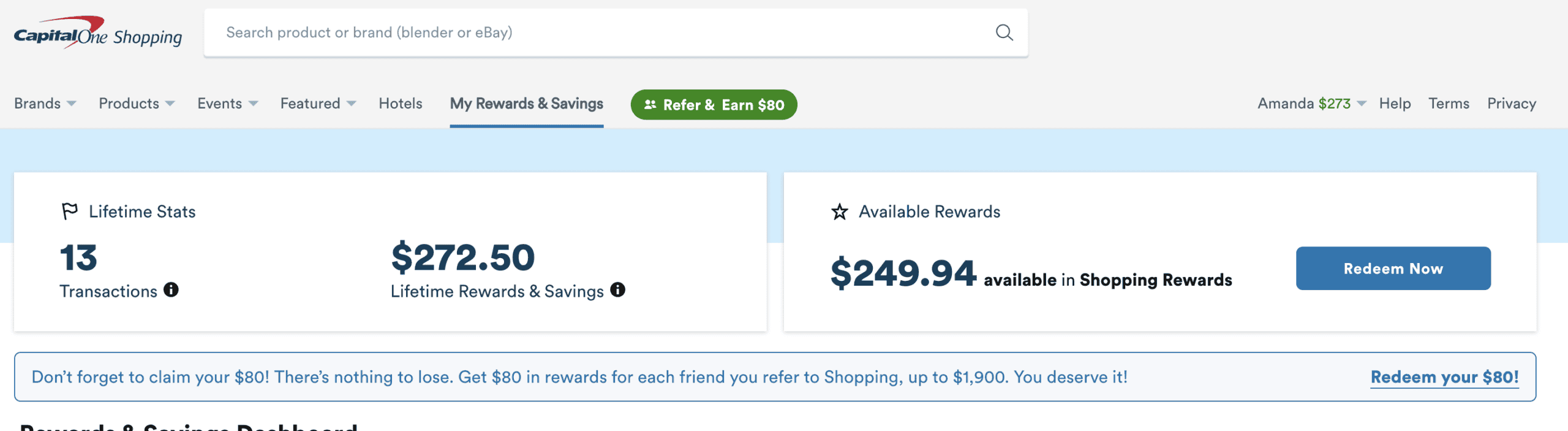 Author's Capital One Shopping dashboard showing current $249.94 available in shopping rewards