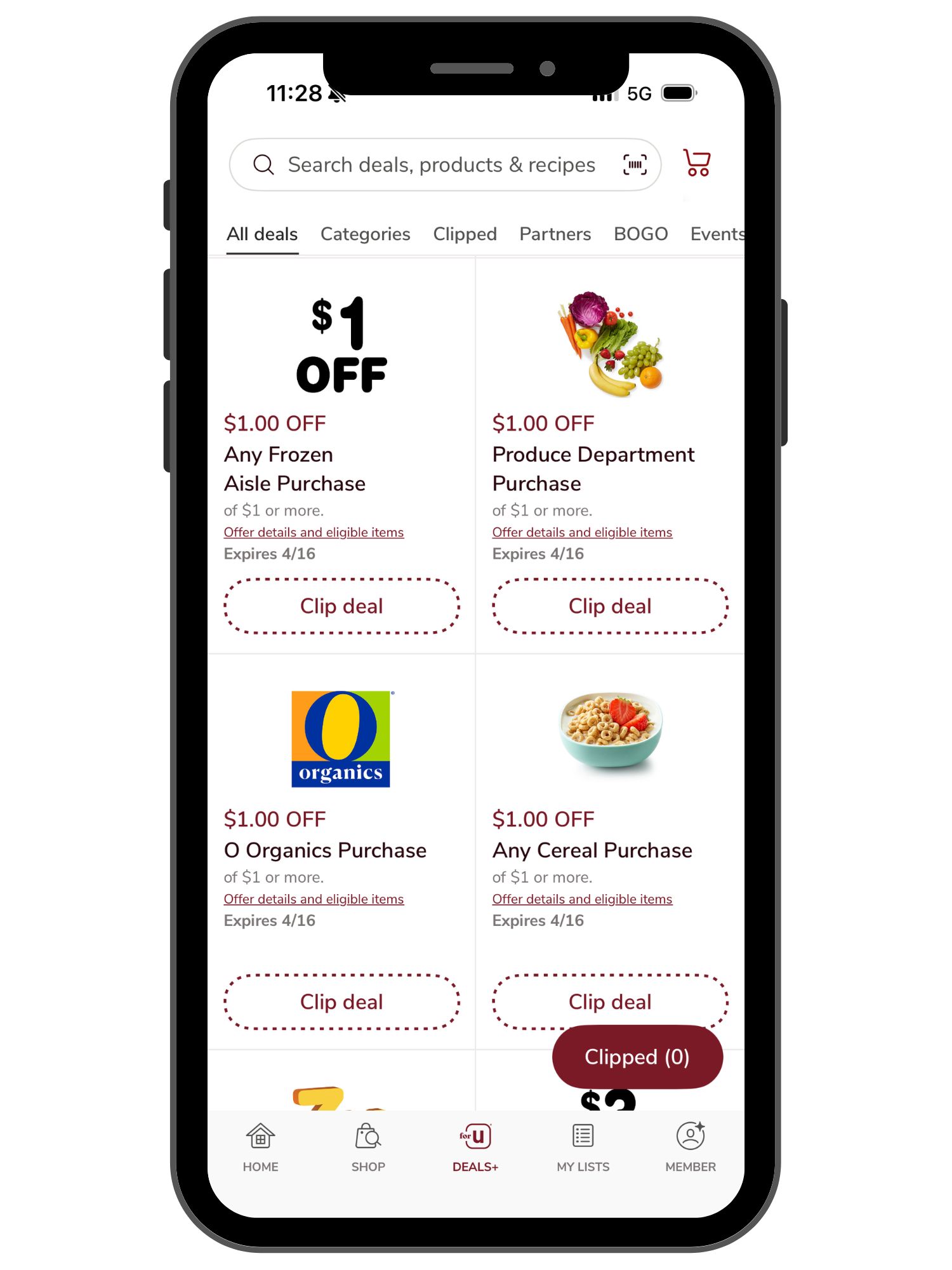 Safeway's coupon screen with four digital coupons showing