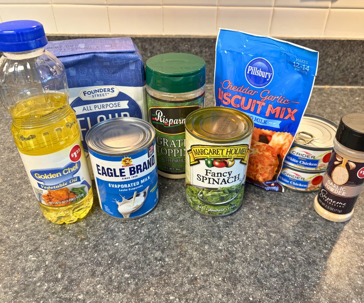 biscuit mix package, vegetable oil, two cans of chicken, garlic powder, flour, etc. on counter