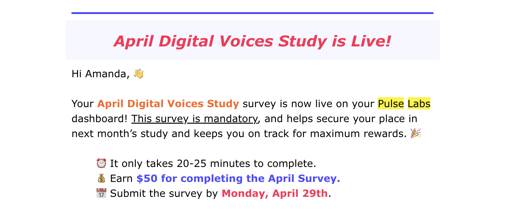 snippet showing her earning $50 from completing a survey as part of a study