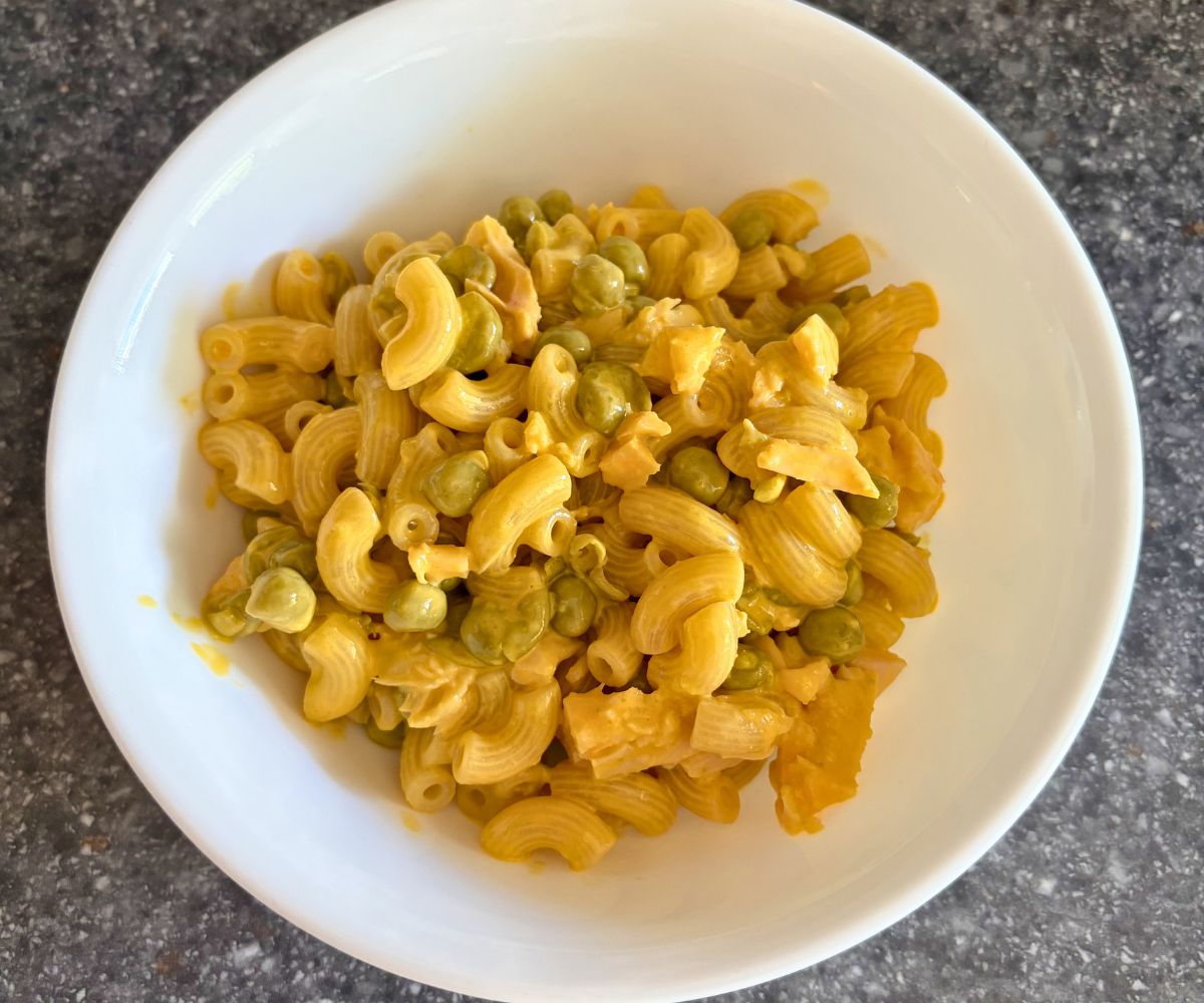 Finished One-pot cheesy protein shells in a white bowl