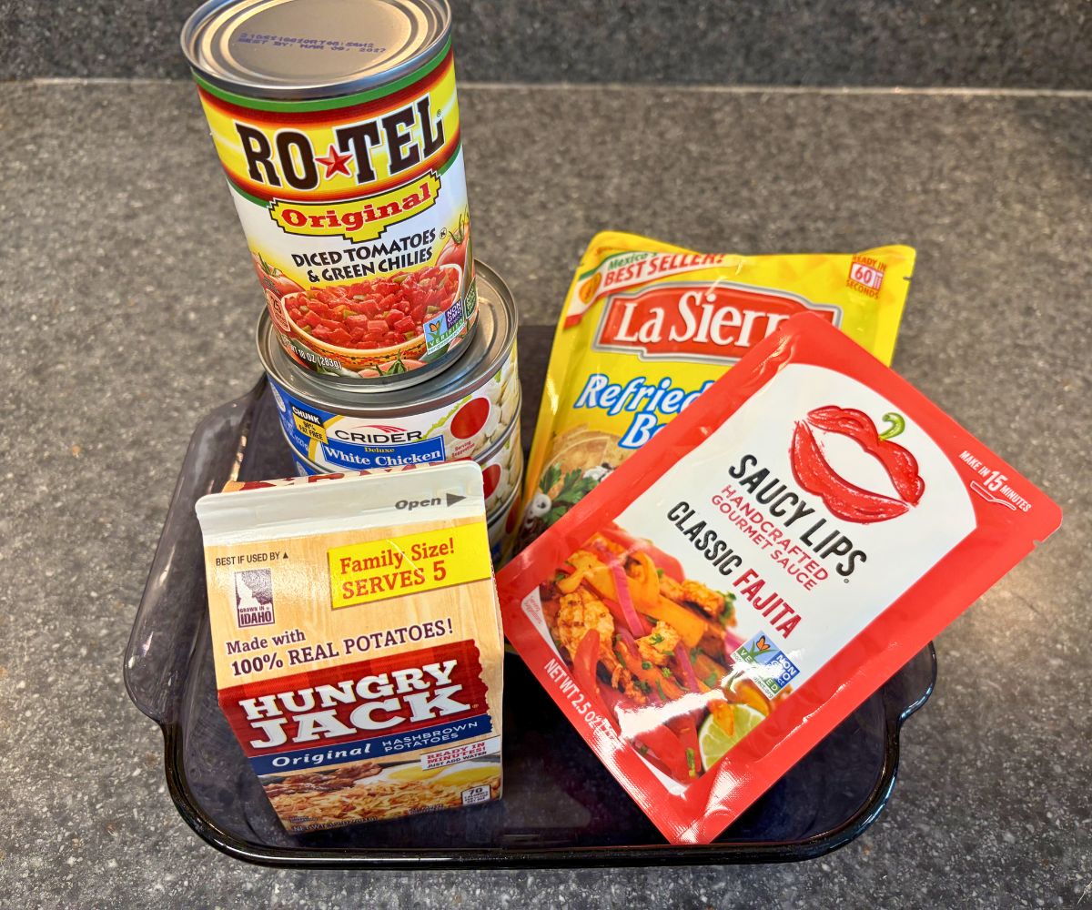 casserole dish filled with packaged ingredients
