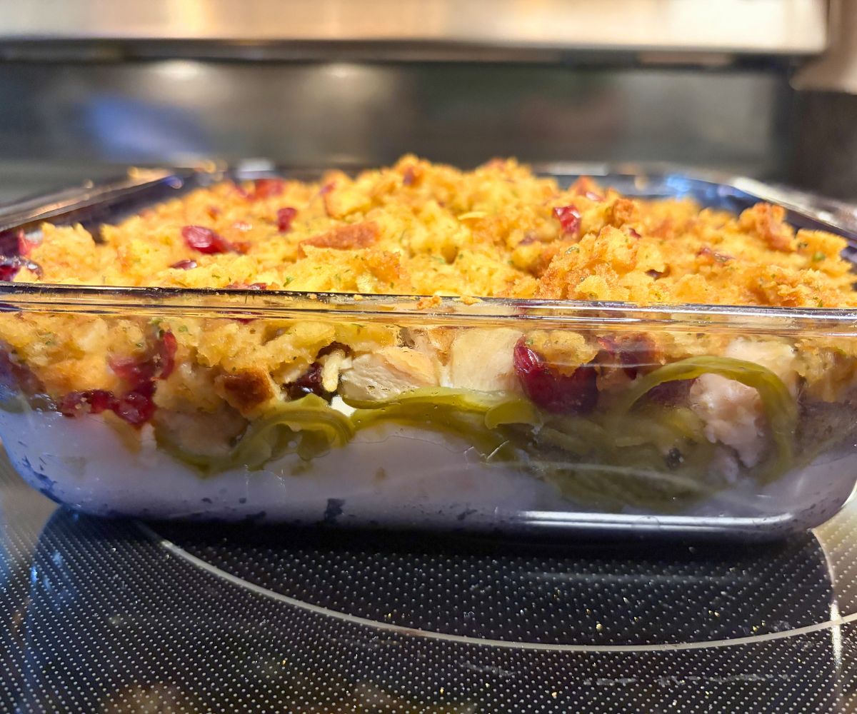 Casserole dish showing layered Thanksgiving casserole made from shelf stable ingredients