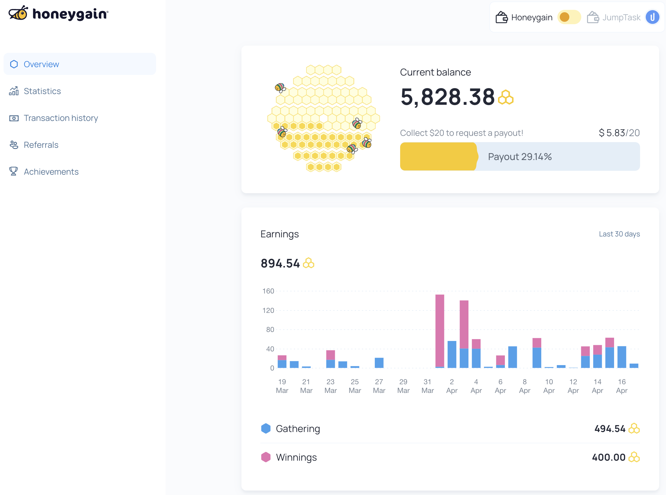 screenshot of her account showing $5.83 in earnings so far