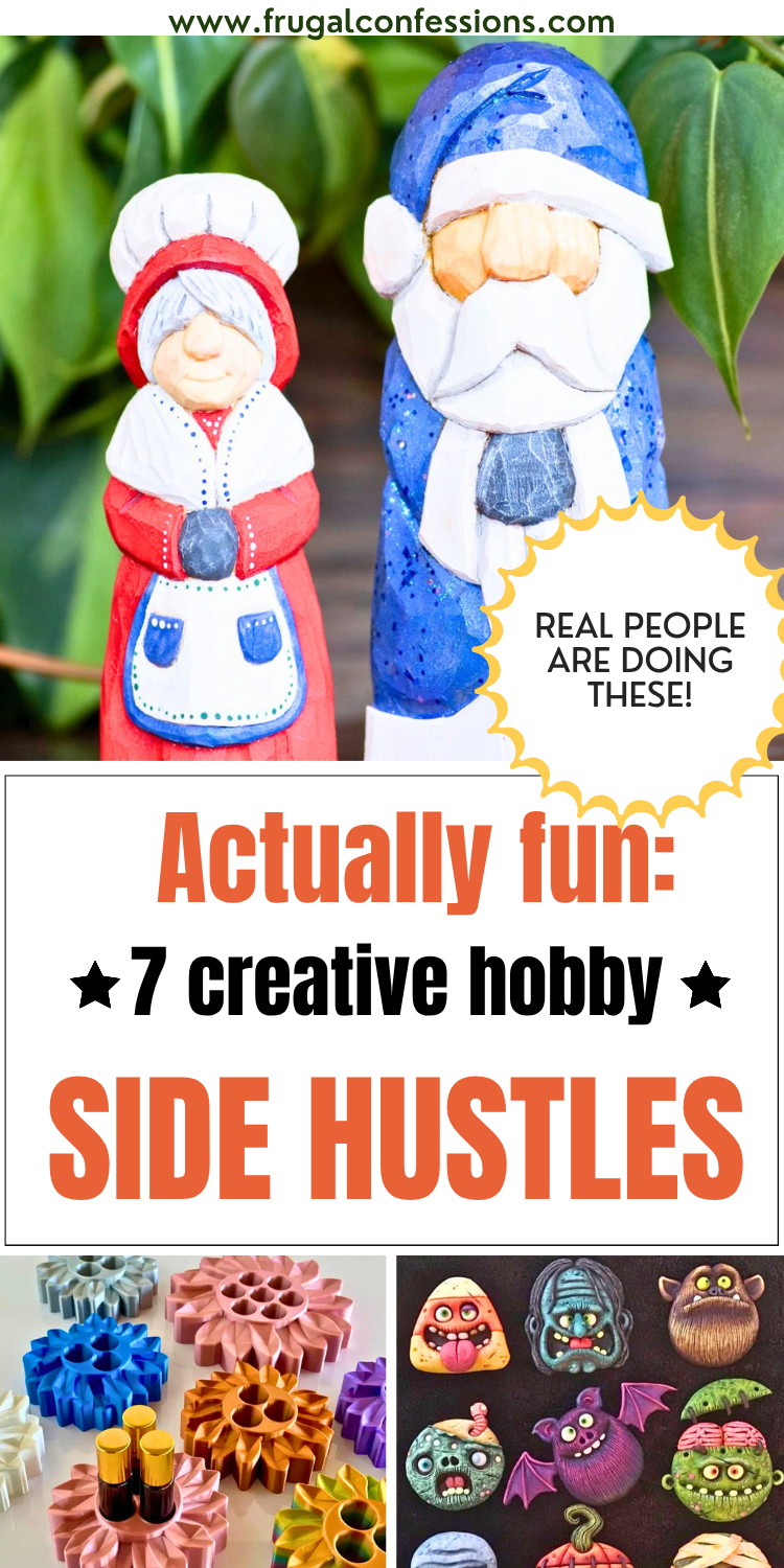 vibrant red and blue, hand-carved wooden Santas, text overlay "actually fun: 7 creative hobby side hustles"