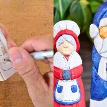 man using stencil he created to carve a Mrs. and Mr. Santa Clause out of wood, plus the finished products that he sells