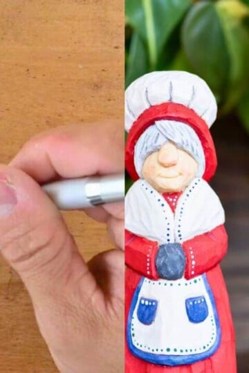 man using stencil he created to carve a Mrs. and Mr. Santa Clause out of wood, plus the finished products that he sells