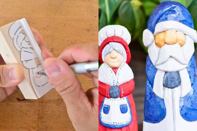 man using stencil he created to carve a Mrs. and Mr. Santa Clause out of wood, plus the finished products that he sells
