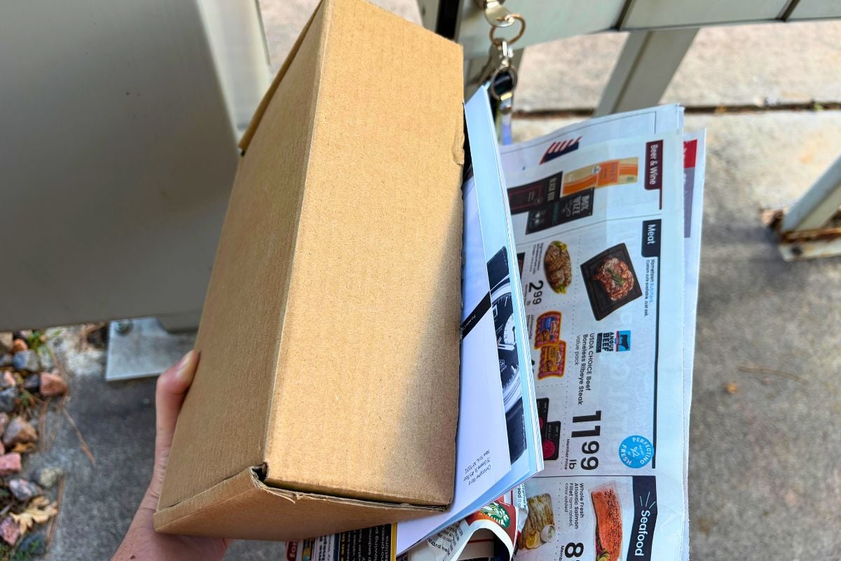 woman getting free box of beauty samples by mailbox