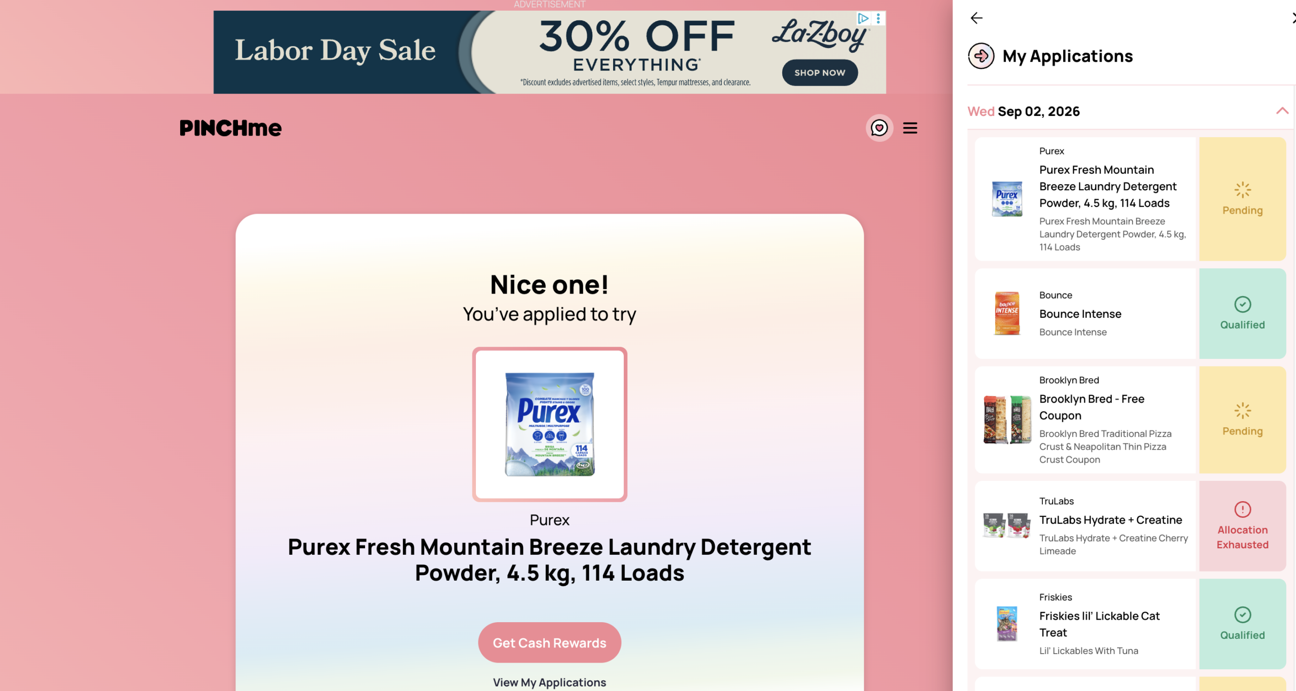 salmon colored PINCHme screen showing she's applied to Purex, and then all the pending and qualified applications in righthand sidebar