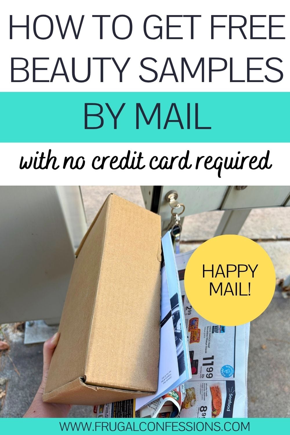 woman getting box of free samples form mailbox, text overlay "how to get free beauty samples by mail no credit card required"